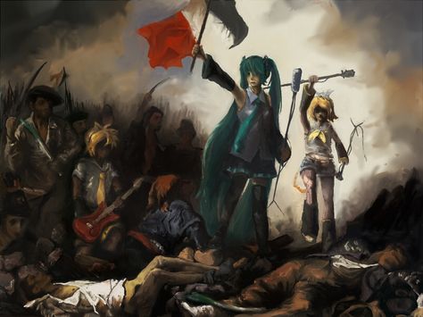 "Viva la Vida" except with, you know, Miku and some friends. Liberty Wallpaper, Vocaloid Wallpaper, Deadpool Hd Wallpaper, Liberty Leading The People, People Wallpaper, Leading People, Spring Desktop Wallpaper, Swamp People, Aqua Hair