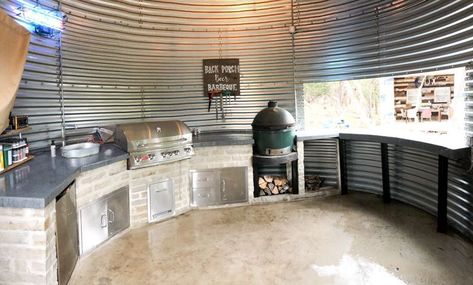 Grain Bin House, Outdoor Living Kitchen, Silo House, Old Cabins, Grain Silo, Outside Bars, Outdoor Kitchen Bars, Backyard Pavilion, Backyard Bar