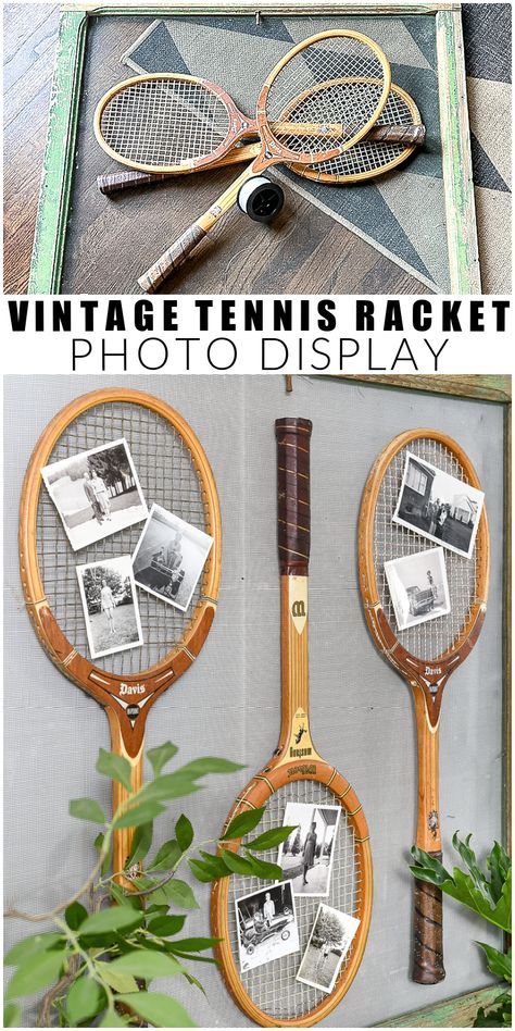 Old Tennis Racket Decor, Tennis Racquet Decor, Unique Photo Display, Vintage Sports Decor, Tennis Crafts, Vintage Tennis Racket, Antique Window, Thrifty Diy, Transforming Furniture