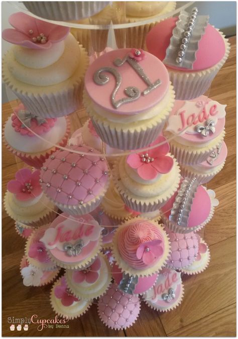 Pink And Silver 21st Birthday Party, Pink And Silver Cupcakes, Cakes 21st Birthday, Silver 21st Birthday, Cake 21st Birthday, 21st Cakes, 40th Birthday Cupcakes, 21st Birthday Cupcakes, 21st Birthday Diy