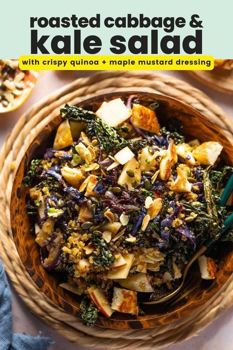 Roasted Cabbage and Kale Salad with Crispy Quinoa Pinterest marketing image Warm Winter Salad, Maple Dijon Dressing, Cabbage And Kale, Kale And Cabbage, Baked Quinoa, Roasted Kale, Gluten Free Fall Recipes, Baked Kale, Crispy Quinoa