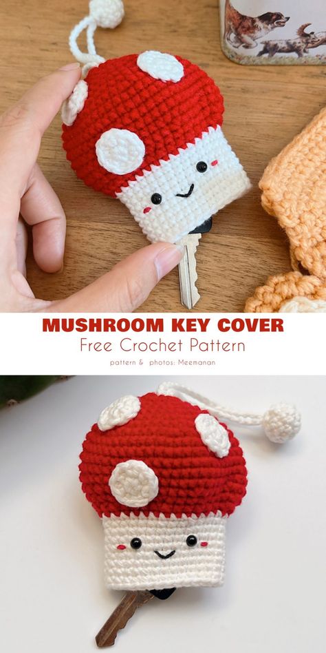 Mushroom Key Cover Crochet Keyring Free Pattern, Crochet Key Cover, ميدالية مفاتيح, Crochet Mushroom, Crochet Keychain Pattern, Pola Amigurumi, Easy Crochet Projects, Crochet Bookmarks, Key Cover