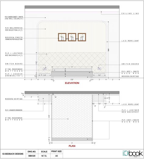 Bedback Design, Furniture Details Drawing, L E D Lights, Bed Back Design, Ideal Bedroom, Interior Design Layout, Elevation Drawing, Wall Panels Bedroom, Wall Panel Design