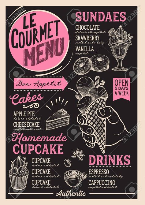 Dessert menu for restaurant and cafe. Design template with food hand-drawn graphic illustrations. , #affiliate, #cafe, #Design, #restaurant, #Dessert, #menu Brochure Design Food, Dessert Menu Design Ideas, Design Food Ideas, Dessert Menu Design, Design Ideas Drawing, Menu For Restaurant, Menu Design Ideas, Apple Pie Cheesecake, Dessert Design