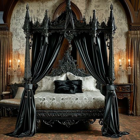 32 Gothic Bedroom Ideas: Transform Your Space with Dark Elegance and Enchanting Decor - placeideal.com Gothic Bedroom Furniture, Gothic Bedroom Ideas, Canopy Bed Ideas, Gothic Decor Bedroom, Goth Bedroom, Dream Bedroom Inspiration, Gothic Room, Gothic Bedroom, Victorian Bedroom