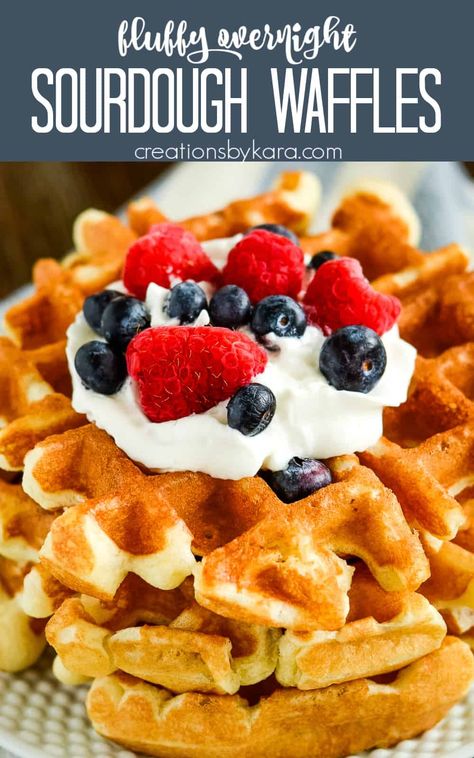 Even if you've never made sourdough before, you can succeed with this SOURDOUGH WAFFLE RECIPE. A perfect balance of sweet and tang, they are absolutely delicious and always fluffy. #sourdoughwaffles #sourdough @Creations by Kara Sourdough Waffles Overnight, Easy Overnight Sourdough, Sourdough Waffle Recipe, Use Sourdough Discard, Sourdough Waffles, Overnight Sourdough, Easy Lunch Box Recipes, Homemade Breakfast Recipes, Buttermilk Syrup