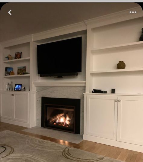 Recessed Fireplace With Built Ins, Fireplace With Cabinets, Fireplace Shelving, Living Room Built In Cabinets, Fireplace Options, Wall Units With Fireplace, Fireplace Redo, Family Room Inspiration, Fireplace Bookshelves