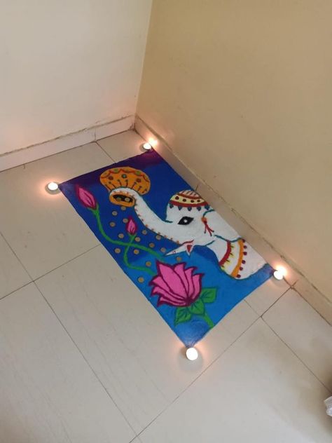 Dhanteras Elephant Rangoli, Rangoli Elephant Design, Cute Elephant Rangoli, Lotus Diwali Rangoli, Diwali Lotus Rangoli, Dhanteras Creative Rangoli, Festive Rangoli Designs, Satyanarayan Pooja Rangoli, Beautiful Rangoli Designs For Diwali