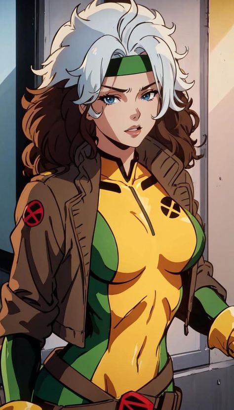 Rouge Xmen Comic, Messy Hair Curly, Yellow And Green Outfit, X Men Animated Series, Rouge Xmen, Rogue X Men, Rogue Xmen, Lips White, Marvel Rogue