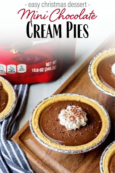 Mini Chocolate Cream Pies - these individual pies are the perfect addition to your dessert table this holiday. They are super easy to make, rich, and elegant in both flavor and presentation. Adults and children alike will enjoy these tasty little treats! #chocolatehistory #chocolateholidays #dlbrecipes #chocolatecreampie #minidesserts #ad Individual Chocolate Pies, Mini Chocolate Silk Pie, Chocolate Mini Pies, Mini Chocolate Cream Pies, Mini Chocolate Pies, Chocolate Cream Pies, Mini Chocolate Pie, Chocolate Pie Filling, Chocolate Silk Pie