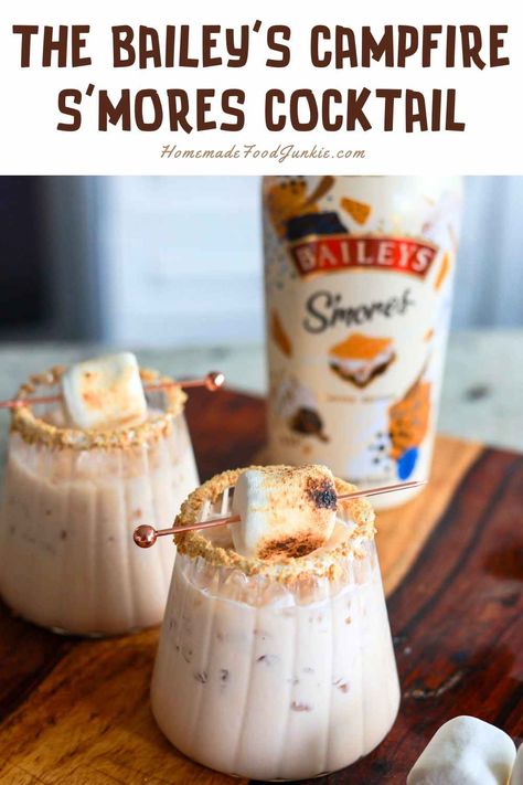 Baileys Campfire Smores Cocktail Smores Baileys Recipes, Baileys Smores Recipes Drinks, Baileys Cocktails Recipes, Smores Cocktail, Smores Martini, Cheese Dip Recipes Easy, Beer Cheese Dip Recipe, Baileys Drinks, Baileys Cocktails