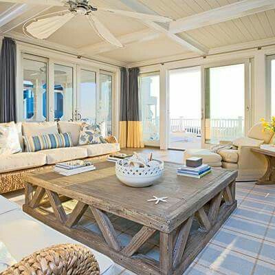 Beach Florida Interiors, Manchester Tan, Rustic Coastal Decor, Oversized Coffee Table, Beach Living Room, Beach Interior, Rustic Coastal, Revere Pewter, Dream Beach Houses