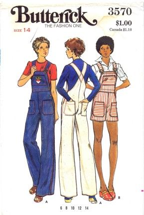 Butterick 3570 - overall pattern Overall Sewing Pattern, 70s Overalls, Overalls Vintage, Sewing Pants, 60s And 70s Fashion, Overalls Outfit, Butterick Pattern, Butterick Sewing Pattern, Bib Overalls