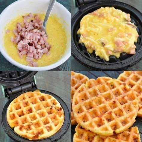 Protein Shake And Chaffle Recipe Ideas | These Ham and Cheese Chaffles require just 5 ingredients and are about 1 net carb each Cheese Chaffles, Low Carb Sandwiches, Low Carb Waffles, Cheese Waffles, Bread Substitute, Free Keto Meal Plan, Low Carb Easy, Low Carb Flour, Grab And Go Breakfast