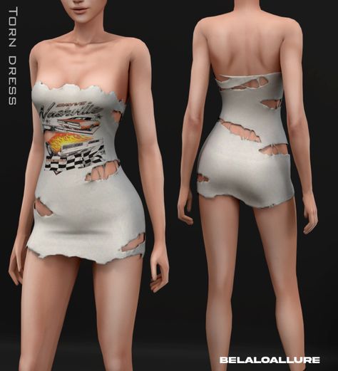 Torn Dress by Belaoallure #sims4 #sims4cc #sims4ccfinds #ts4 #ts4cc #ts4ccfinds #thesims #thesims4 #simsfinds Sims 4 Torn Clothes Cc, Trash Clothing, Torn Dress, Tear Dress, Ripped Dress, Distressed Outfit, Torn Clothes, Damaged Clothes, The Sims 4 Packs