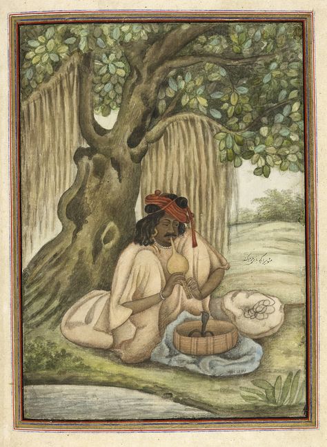 ID: K90086-68 Title: Tashrih al-aqvam, an account of origins and occupations of some of the sects, castes and tribes of India. Author: "Anon (Anon)" Illustrator: "Anon (Anon)" Provenance: Written at Hansi Cantonment, Hissar District, eighty-five miles north-west of Delhi for Colonel James Skinner. 1825 Caption: A snake-charmer of the Sapera caste. Language: Persian Source identifier: Add. 27255, f.323v British Library Shelfmark: Add. 27255 If you wish to purchase a high quality copy Tribes Of India, Portraits Of People, Commission Portrait, School Painting, Snake Charmer, Hinduism Art, Mario Art, Indian Artist, Eclectic Art