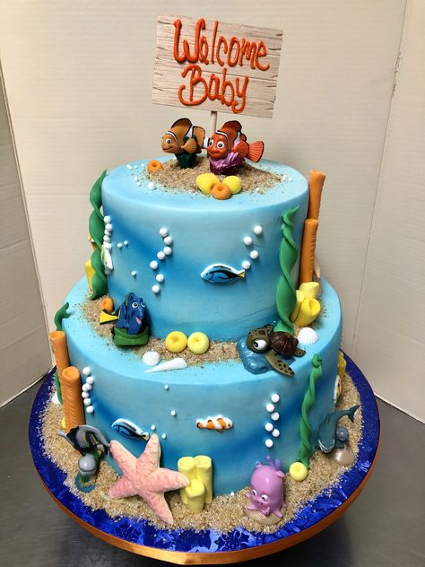 Finding Nemo Baby Shower Cake Nemo Desserts, Finding Nemo Food Ideas, Disney Baby Shower Ideas For Boys, Finding Nemo Baby Shower Ideas, Finding Dory Baby, Finding Nemo Birthday Cake, Nemo Baby Shower, Finding Nemo Cake, Finding Nemo Baby