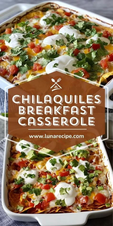 🌶️🍳 Spice up your brunch with this Chicken Chilaquiles Casserole! A delicious mix of crispy tortilla chips, tomatillo salsa, chicken, and eggs baked to perfection. It's the ultimate Mexican comfort food, great for brunch or dinner! Top with avocado, cheese, and cilantro for extra flavor. 🥑🧀 #ChilaquilesCasserole #MexicanRecipes #BrunchIdeas #ComfortFood #CasseroleRecipes #ChickenChilaquiles Chilaquiles With Tortilla Chips, Mexican Chicken Casserole With Tortilla Chips, Sheet Pan Chilaquiles, Chilaquiles Casserole Breakfast, Baked Chilaquiles Recipe, Tortilla Chip Dinner Recipes, Chilequilles Chilaquiles Recipe Verde, Breakfast Tortilla Casserole, Egg Tortilla Casserole