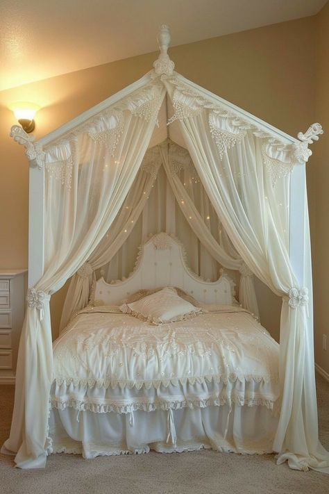 Coquette Interior, Teen Canopy Bed, Bed Ideas For Kids, Pastel Aesthetic Bedroom, Canopy Bed Ideas, Canopy Over Bed, Girls Bed Canopy, Canopy Bed Diy, Chic Bedrooms