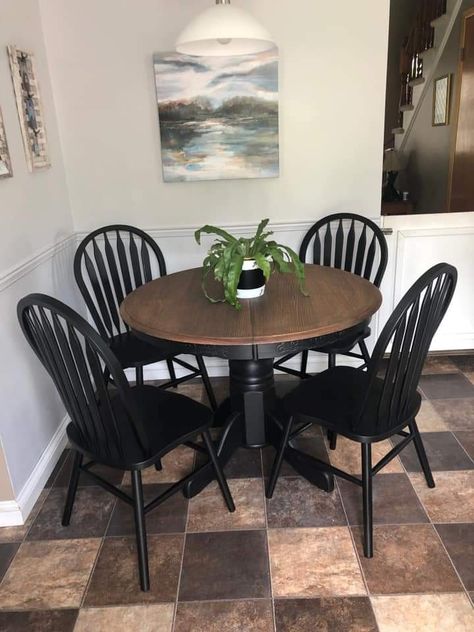 Black And Wood Farmhouse Table, Black Farmhouse Kitchen Table, Black Farmhouse Table And Chairs, Black Table With Wood Top, Round Dining Table Redo, Black And Stained Table, Traditional Round Dining Table, Square Dining Table Makeover, Refurbished Round Table