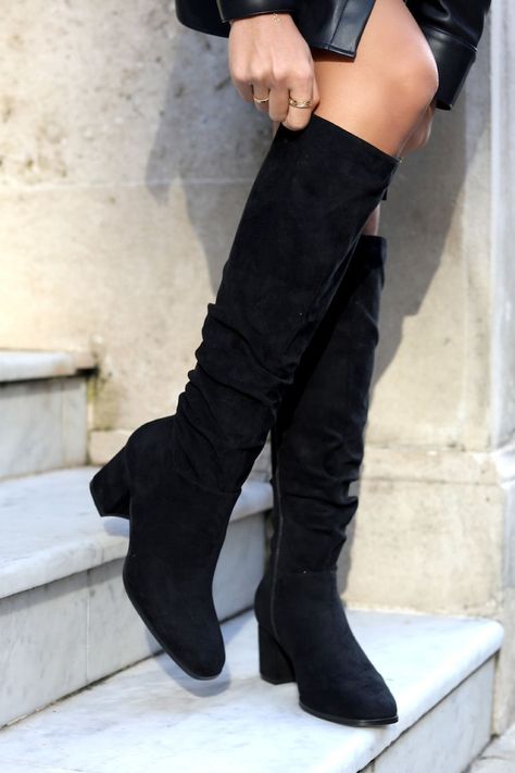 Linzi Black Margot Faux Suede Square Toe Block Heel Knee High Boots Block Heel Knee High Boots, Heel Knee High Boots, Knee Length Boots, Black Suede Boots, Comfortable Boots, Low Block Heels, High Leg Boots, Suede Boots, Knee High Boots