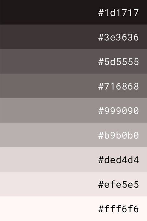 Grey color palette with hex codes. #color pallete #color inspiration #grey #1d1717 #3e3636 #5d5555 #716868 #999090 #b9b0b0 #ded4d4 #efe5e5 #fff6f6 Grey Color Palette Hex Codes, Canva Color Palette Codes Black, Discord Hex Codes, Discord Banner Color Codes, Grey Pallete Color, Hexcode Color Palette, Discord Color Palette, Black Pallete Color, Discord Color Codes