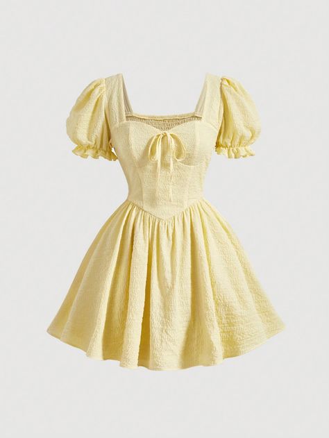 Yellow Elegant Collar Short Sleeve Woven Fabric Plain Fit and Flare Embellished Non-Stretch Summer Women Clothing Short Flare Dress, Short Yellow Dress, Knot Front Dress, Flare Short Dress, Front Knot Dress, Yellow Clothes, Fashion Design Patterns, Yellow Short, Everyday Fashion Outfits