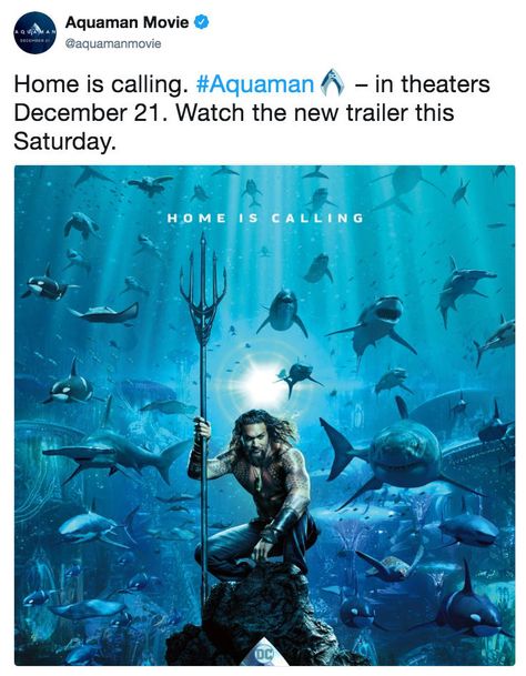 Home is calling. #Aquaman – in theaters December 21. Watch the new trailer this Saturday. | Aquaman Poster Edits | Know Your Meme New Aquaman, Kino Box, Aquaman Film, Aqua Man, Aquaman 2018, Tam Film, Arthur Curry, Poster Edit, Dolph Lundgren