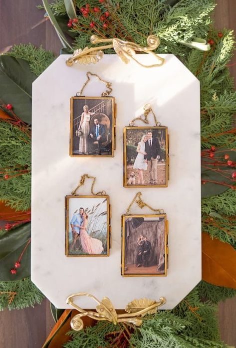 AshleyBrookeDesigns.com Our Christmas Card Ornament Tradition Diy Frame Ornaments, Diy Picture Frame Ornaments, Picture Frame Ornaments Diy, Diy Picture Ornaments, Christmas Ornament Homemade, Ornament Tradition, Diy Photo Ornaments, Picture Frame Ornament, Picture Frame Christmas Ornaments