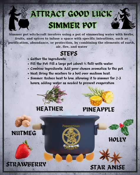 **Attract Good Luck with a Witches' Simmer Pot 🌿✨** Harness the mystical power of a witches' simmer pot to invite good luck into your life! This ancient practice involves simmering a blend of herbs, fruits, and spices to create a fragrant potion that fills your home with positive energy. 🍀 Start with a pot of water and add ingredients like cinnamon sticks, orange slices, bay leaves, and cloves. These elements are known for their luck-attracting properties. As the mixture simmers, visualize ... Wicca Potions Recipes, Simmer Pot Recipes, Potions Recipes, Simmer Pot, Alternative Therapies, Bay Leaves, Green Witch, Large Pots, Orange Slices