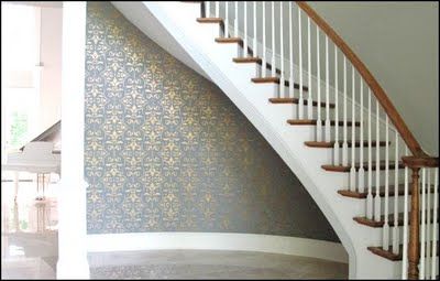 i need to buy a house with a stair case like this and have this nook...oh how i love it Stair Wall Decorating Ideas, Wallpaper Nook, Stairs Wall, Wall Decorating Ideas, Crate Bookshelf, Stair Wall, Austin Style, Diy Home Projects, Entryway Inspiration