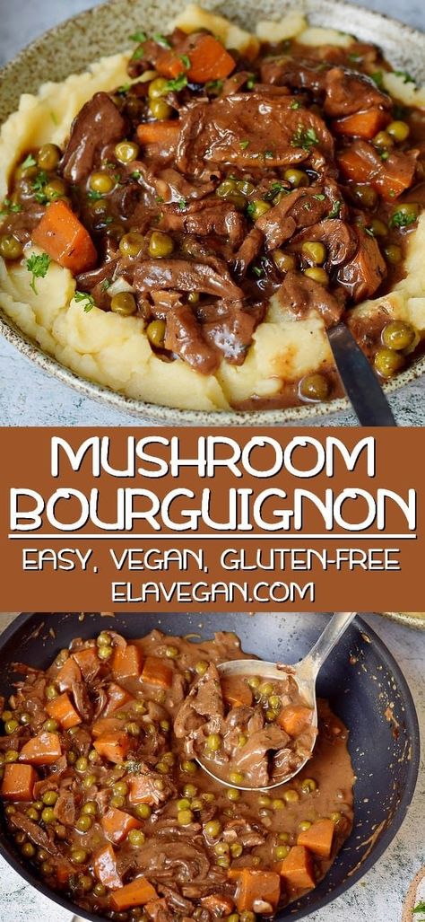 Rich and flavorful vegan mushroom bourguignon, perfect for any night of the week. A creamy and hearty vegetarian dish, with all the aspects of a supreme comfort food. This recipe is naturally gluten-free, dairy-free, soy-free, and easy to make. #veganmushroombourguignon #veganbourguignon #mushroomgravy #mashedpotatoes #elasrecipes | elavegan.com Vegan Mushroom Bourguignon, Gluten Free Chinese Food, Vegetarian Chinese Recipes, Mushroom Bourguignon, Healthy Chinese Recipes, Plat Vegan, Chinese Food Recipes, Peas And Carrots, Vegan Mushroom