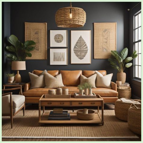 Brown And Charcoal Living Room, Mcm Boho Living Room, Vintage Contemporary Living Room, Contemporary Boho Living Room Decor, Rustic Boho Living Room Decor, Modern Eclectic Living Room, Masculine Living Rooms, Organic Living Room, Leather Couches Living Room