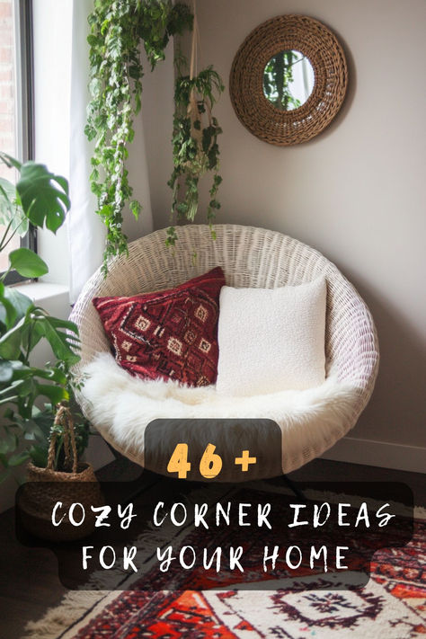 Transform your home with 46 cozy corner ideas that offer warmth and comfort. Featuring plush seating, soft lighting, and inviting decor, these corners are perfect for relaxation. Click to explore these cozy inspirations and let your home embrace a haven of tranquility! 🛋️✨ #CozyCorners #HomeDecor #WarmSpaces #PlushSeating #SoftLighting #InvitingDecor #ComfortableLiving Cosy Corners Living Room, Corner Spot In Living Room, Small Cozy Corner Bedroom, Corner Fillers Living Rooms, Chill Corner Ideas, Bedroom Corner Decor Ideas, Ideas For Corners In Living Room, Cosy Corner Living Room, Small Corner Decorating Ideas Living Room