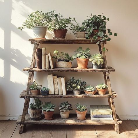 Rustic wooden ladder plant stand with potted succulents and green plants, creating a serene indoor green space for home decor. Indoor Herb Garden Aesthetic, Plant Storage Indoor, Plant Set Up Indoor, Home Greenery, Indoor Plant Display, Plant Arrangement, Potted Succulents, Greenery Decor, Plant Display