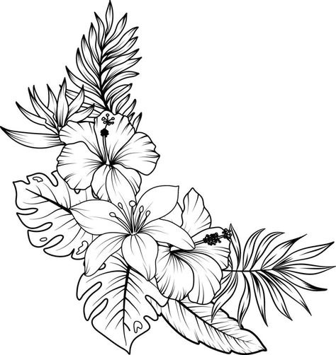 Jungle Plants Drawing, Tropical Flowers Tattoo, Tropical Leaves Drawing, Apprentice Tattoos, Outline Leaves, Arm Tattoos Lettering, Tropical Flower Tattoos, Geometric Bowl, Tropical Wreath