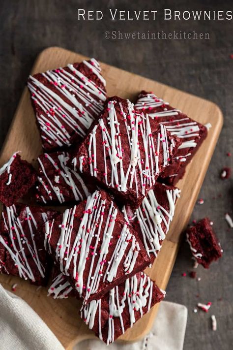 Red Velvet Brownies - Shweta in the Kitchen Red Velvet Brownies Recipe, Decorated Brownies, Velvet Brownies, Red Velvet Flavor, Dessert Halloween, Red Velvet Brownies, Valentines Food, Red Velvet Cake, Velvet Cake