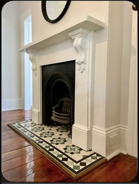 Fireplace 1930s House, Vintage Fireplace Tile Ideas, Edwardian Fireplace Tiles, Penny Tile Fireplace Hearth, Tiles Fireplace Hearth, Victorian Fireplace Hearth, Tiling Around Fireplace, Victorian Fireplace Tiles Hearth, Victorian Hearth Tiles