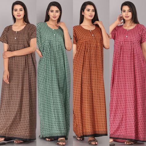 Nighty Neck Design, Nighty Designs Indian, Raw Pictures, Cotton Night Dress, Gown Floral, Cotton Nighties, Bridal Nightgown, Cotton Frocks, Muumuu Dress