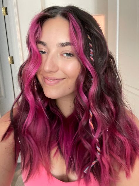 pink hair, pink hair inspo, hair goals, pink hair goals, colorful hair, dyed hair, dyed hair inspo, tinsel hair, summer aesthetic Brown Hair Pink Front Strands, Pink Hair Bottom Half, Halo Pink Hair, Hailey Hairstyles, Pink Hair Tinsel, Purple Halo Hair, Pink Halo Hair, Pink Tips Hair, Pink Underdye Hair