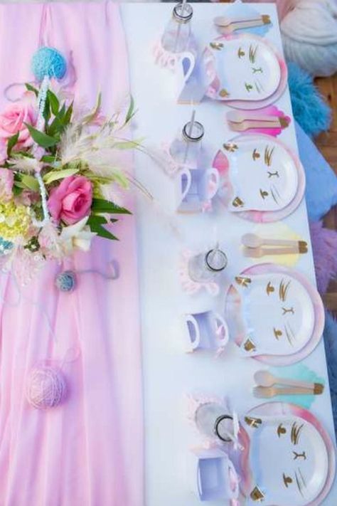 Cat Party Table Decorations, Cat Party Ideas Decorations, Cat Birthday Centerpieces, Cat Theme Centerpieces, Caticorn Birthday Party Ideas, Kitten Birthday Party Decorations, Aristocat Birthday Party Ideas, Aristocats Tea Party, Princess Cat Birthday Party