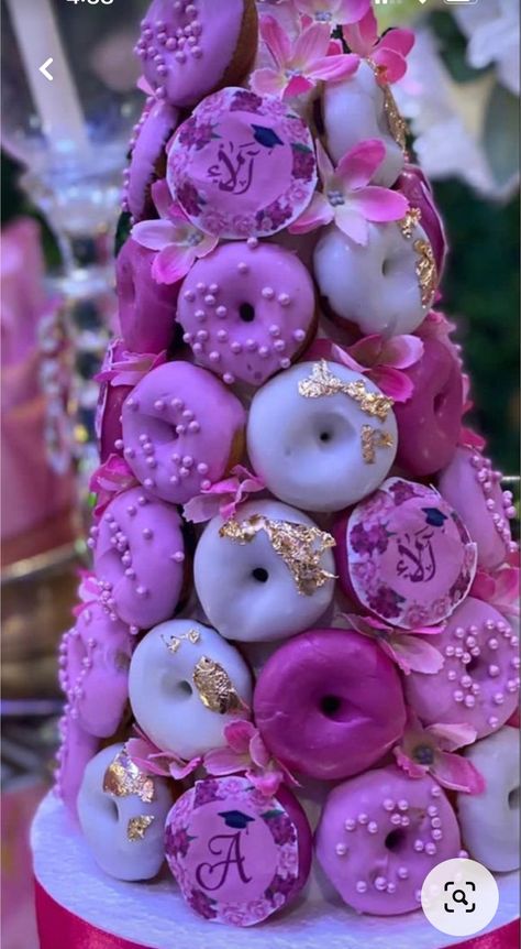 Donat Tower, Donut Towers, Donuts Ideas, Adult Tea Party, Donut Tower, Donut Toppings, Fruit Platter Designs, Cake Pop Decorating, Donut Decorations