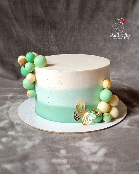 Ombre frosting (in green colour theme) and decorated with edible chocolate balls Green Theme Birthday Cake, Green Colour Cake Design, Chocolate Balls Cake Decoration, Ombre Green Cake, Green Colour Cake, Green Ombre Cake, Green Birthday Cakes, Green Dessert, Cake Designs For Boy