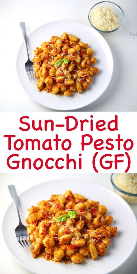 This Sun-Dried Tomato Pesto Gnocchi (Gluten Free) can be made in less than 10 minutes and is so delicious! Perfect for those busy week nights! Tomato Pesto Gnocchi, Gnocchi Pesto, Pesto Gnocchi, Pasta Gnocchi, Gluten Free Gnocchi, Sundried Tomato Pesto, How To Cook Gnocchi, Easy Main Dishes, Sundried Tomato