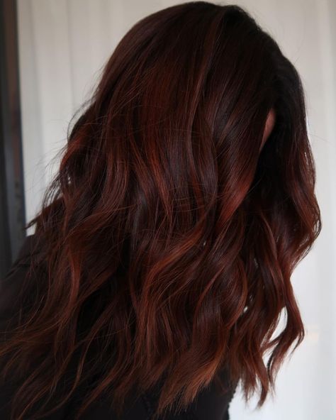 Red Foils In Brown Hair, Partial Foilayage, Dark Brown And Red Hair, Blonding Specialist, Deep Auburn Hair, Haircut Options, Light Auburn Hair Color, Deep Auburn, Brown Auburn Hair