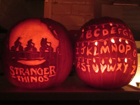 stranger things jack-o-lanterns // pin: theestorysofar 👻 Stranger Things Alphabet Wall, Stranger Things Pumpkin, Stranger Things Alphabet, Stranger Things Halloween Party, Pumkin Carving, Stranger Things Halloween, Pumpkin Carving Designs, Stranger Things Quote, Halloween Pumpkin Designs