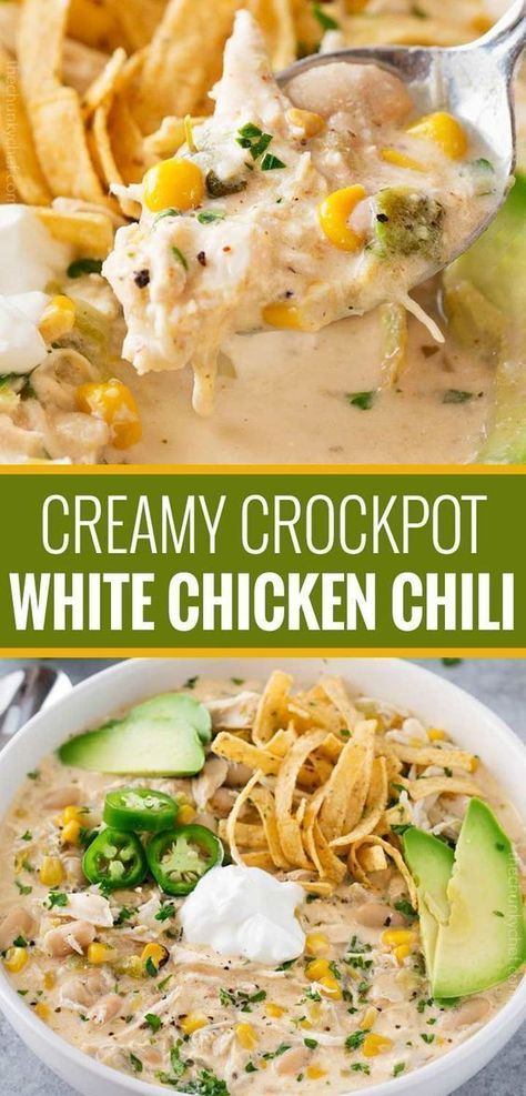 This creamy white chicken chili is made super easy in your crockpot! Creamy with plenty of spice, it's the perfect companion on a chilly night! Creamy White Chicken Chili, Crockpot White Chicken Chili, Soup Recipes Slow Cooker, Crockpot Dishes, 300 Calories, Easy Slow Cooker Recipes, White Chicken Chili, Think Food, White Chicken