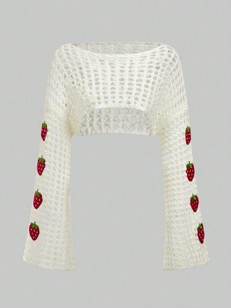 ROMWE Kawaii Summer Crochet Ladies' Hollow Out Knitted Pullover Sweater With Strawberry DesignI discovered amazing products on SHEIN.com, come check them out! Knit Summer Clothes, Cute Strawberry Clothes, Shein Clothes Ideas, Fruit Outfits, Strawberry Outfit, Kawaii Summer, Strawberry Design, Casual Outfits For Teens, Quick Outfits