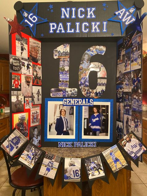 Hockey Senior Boards, Hockey Collage Ideas Pictures, Marching Band Senior Night Posters, Senior Tri Fold Board Ideas, Volleyball Board Ideas, Wrestling Senior Board, Senior Hockey Boards, Basketball Senior Board Ideas, Senior Night Posters Hockey