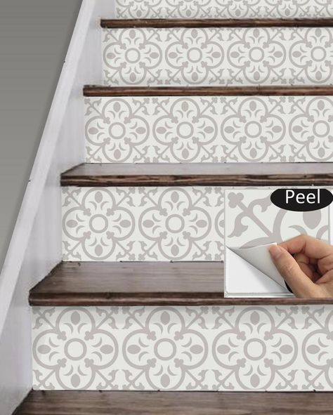 Trap Makeover, Stairs Makeover Design, Diy Stairs Makeover, Stair Riser Vinyl, Stairs Makeover Ideas, Stairs Renovation, Stair Makeover, Stair Riser Decals, Stairs Makeover